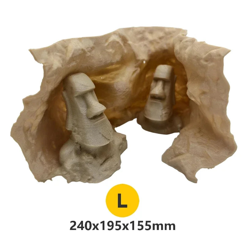 Simulated Rock Cave with Undulating Substrate Sand Terrain, Easter Island Heads Themed Aquascape, Hiding House for Fish & Shrimp