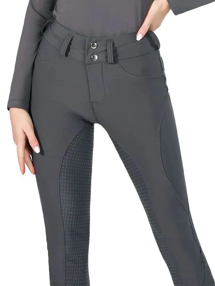 MXLLINA Button Zipper Horse Riding Pants Women Equestrian Leggings Breeches Competition Full Silicone Sports Tights