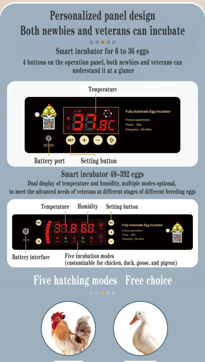 Intelligent Egg Incubator 6/9/12/15/24/36/48/56/64/98/120/128/152/176/192 Eggs for Ostrich Chicken Duck and other Birds