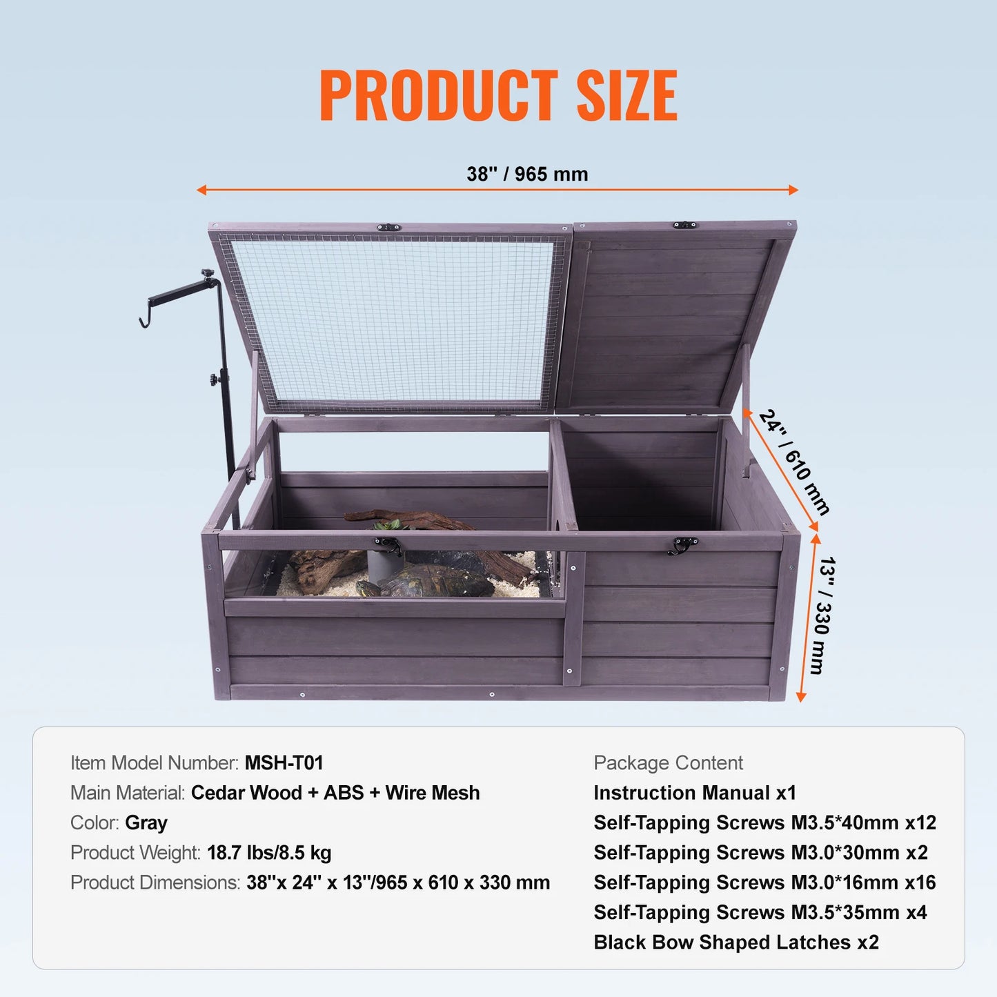 VEVOR 3-Room Tortoise House Tortoise Habitat Wooden Enclosure Indoor & Outdoor Openable Roof Large Reptile Cage 44" x 25.6"x 24"