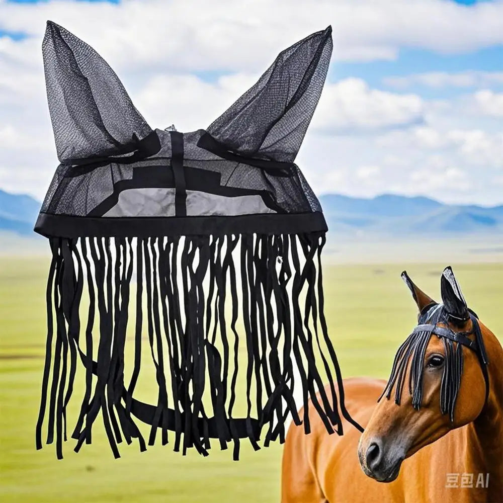 Horse Fly Cover With Ear Mesh Adjustable Horse Supplies With Tassels UV Shield Equestrian Equipment