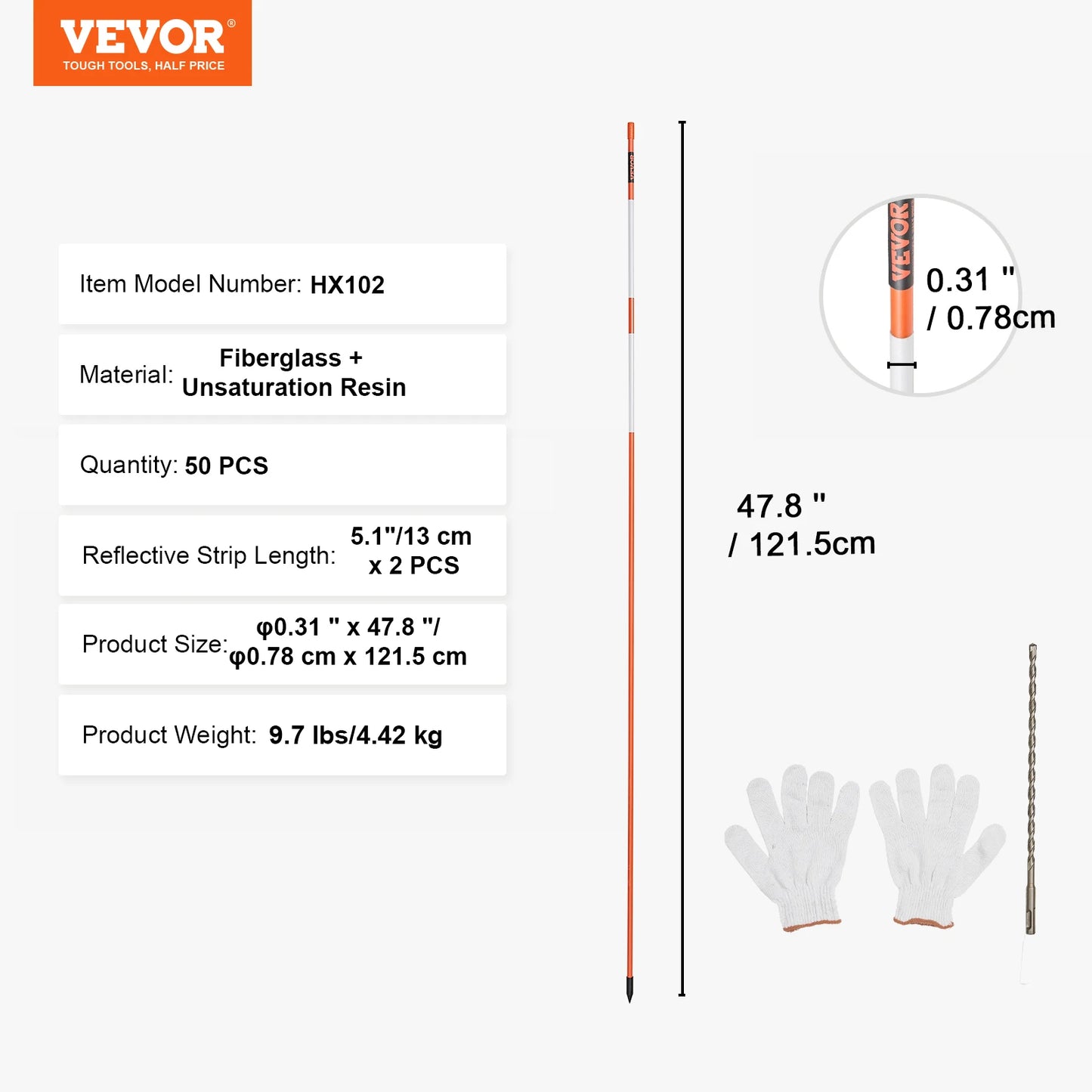 VEVOR Driveway Markers Orange Fiberglass Reflective Poles Easy Visibility Snow Stakes Safety Stand Poles for Parking Lots Walkway