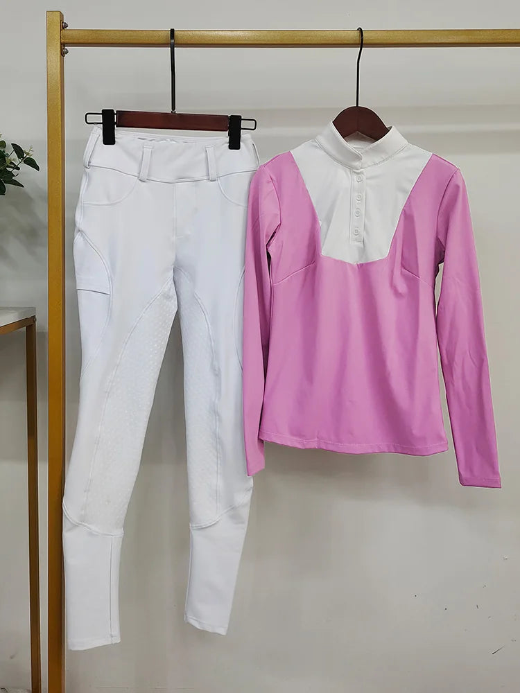 MXLLINA Women Equestrian Clothes Set Horse Riding Long Sleeve T-shirts And Pants Sports Suit Competition Training Riding Wear