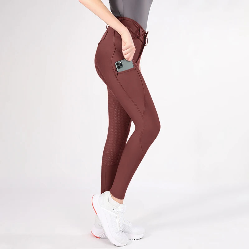 MXLLINA Button Zipper Horse Riding Pants Women Equestrian Leggings Breeches Competition Full Silicone Sports Tights