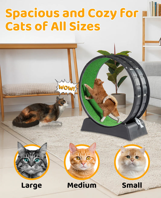 Cat Treadmill Wheel Exerciser with Carpeted Runway, Plastic Cat Running Wheel for Cats Daily Exercise and Weight Loss, Black