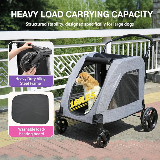 XL Extra Large Dog Stroller Adjustable Handles, Lightweight Folding Pet Stroller for 2 Medium Dogs Dual Entry