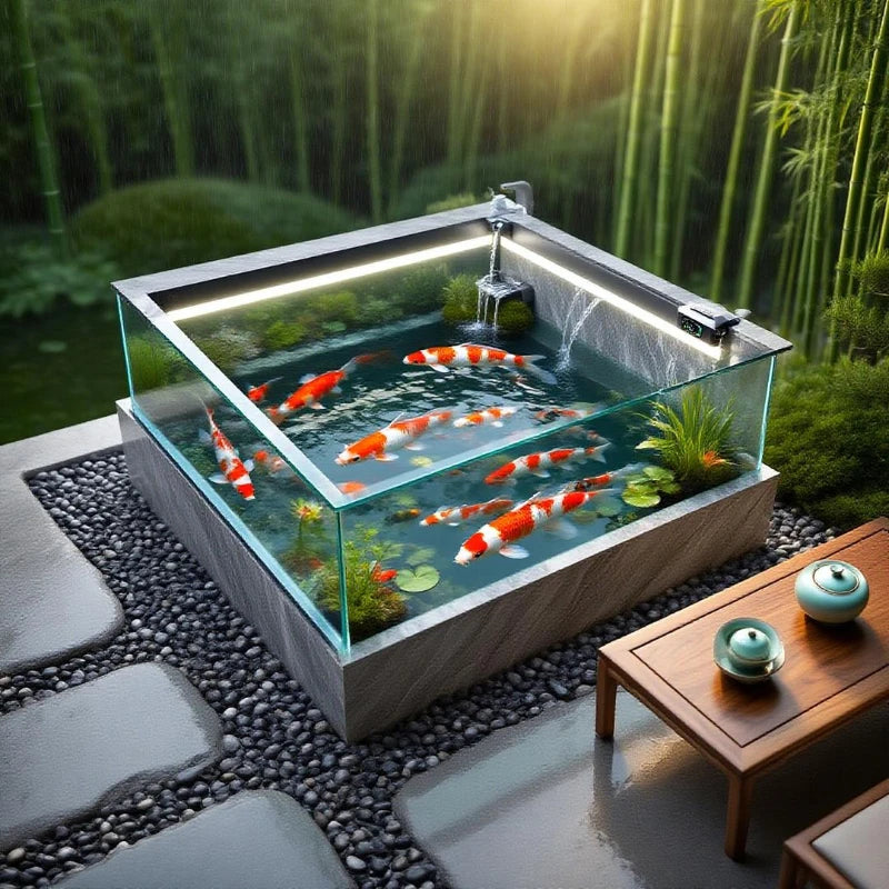 Yard fish pond rock slab floor-to-ceiling koi fish tank outdoor integrated square balcony to create landscape water feature