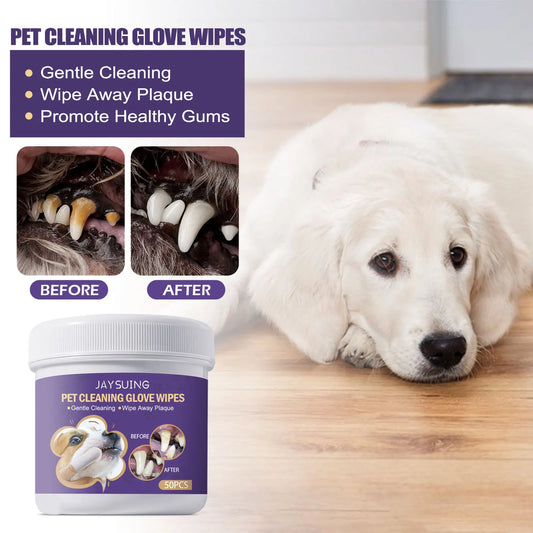 50PCS Cat & Dog Tooth Cleaning Glove Wipes, Pet Gum Care Gentle Tartar Odor Removal, Individually Packaged-Convenient-Lemon Flavor