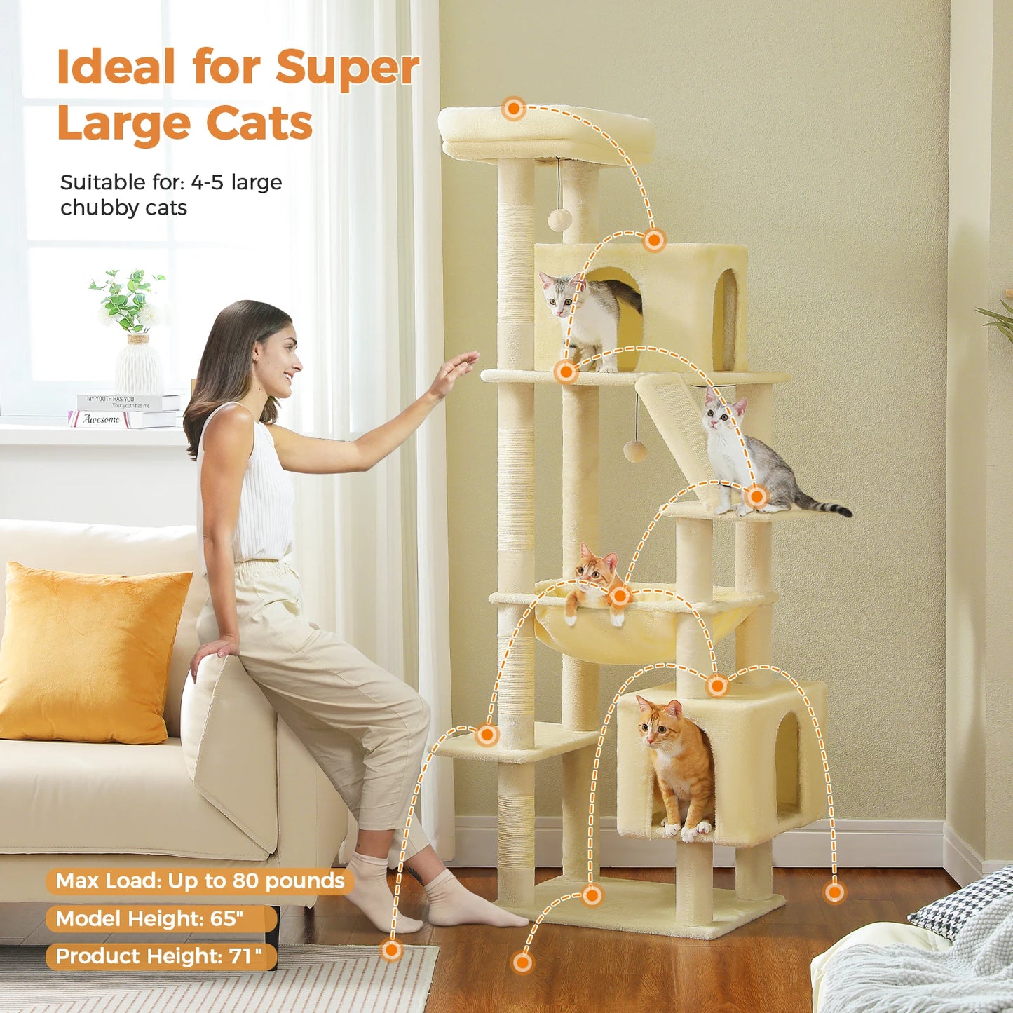Cat Tree for Large Cats, Tall Cat Tower for indoor Cats Multi-level Cat House Furniture with 2 Big Condo Pad Bed Scratching Post