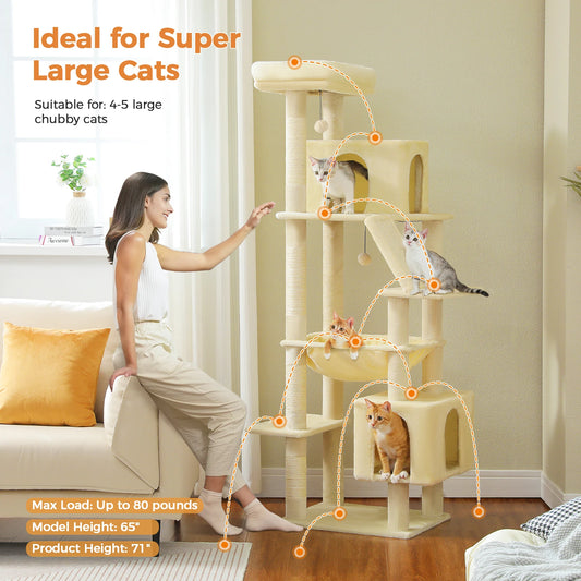 Cat Tree for Large Cats, Tall Cat Tower for indoor Cats Multi-level Cat House Furniture with 2 Big Condo Pad Bed Scratching Post