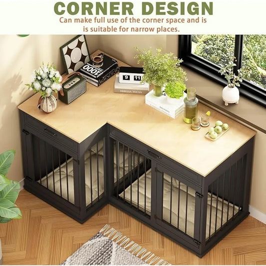 Large Corner Dog Crate Furniture for 2 Dogs, 59" Indoor Wooden Furniture Style Dog Kennel House with Double Rooms, Drawers