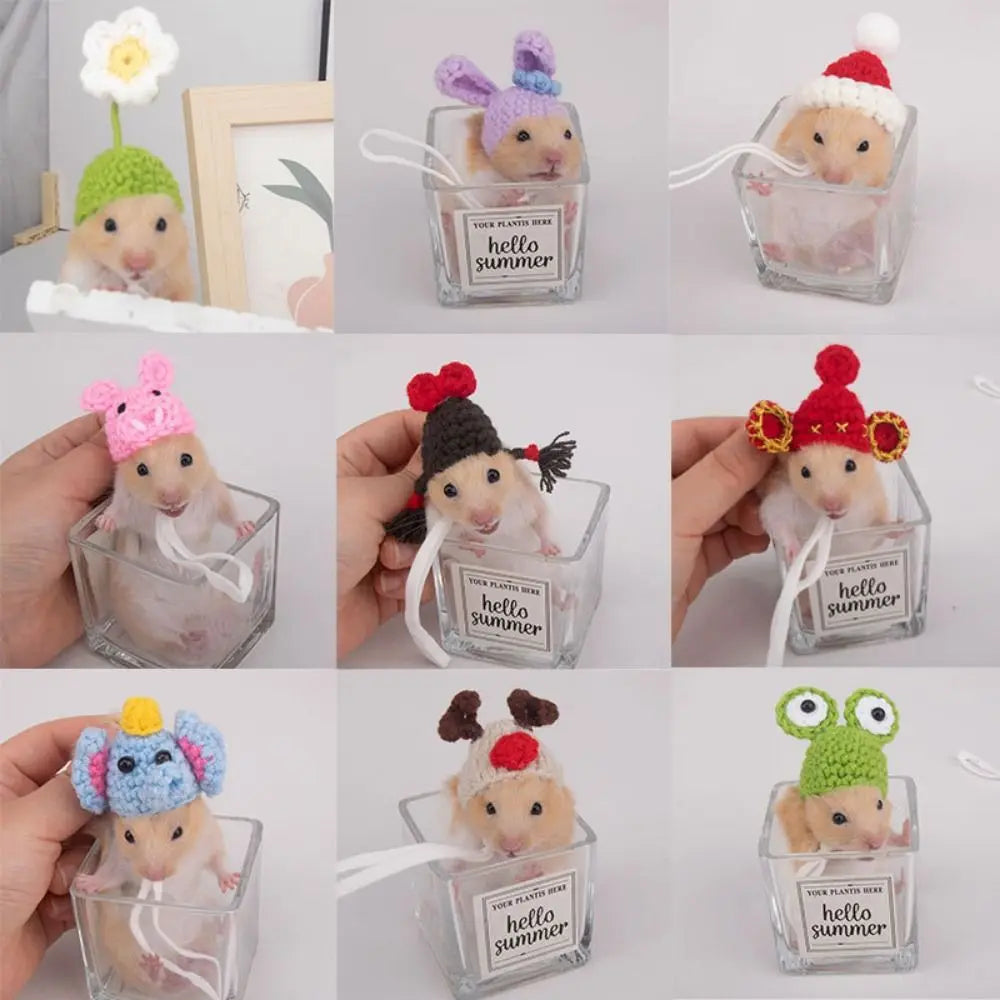 Portable Cartoon Hamster Hat Soft Handmade Pet Knitted Hat Adjustable Hamster Headwear for Photographs'