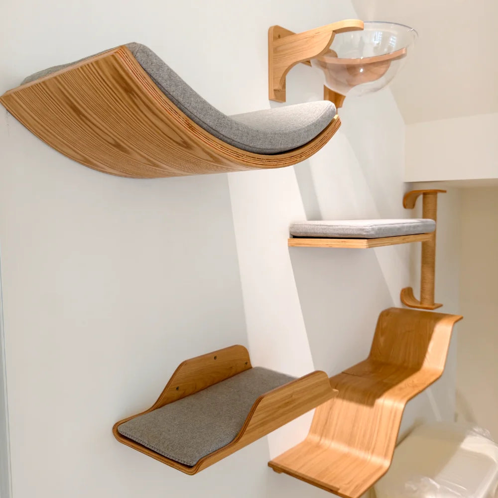 Wall-Mounted Cat Hammock Cradle Cat Climbing Frame Floating Shelf Solid Wood Cats Scratch Posts for Sleeping and Playing Toy