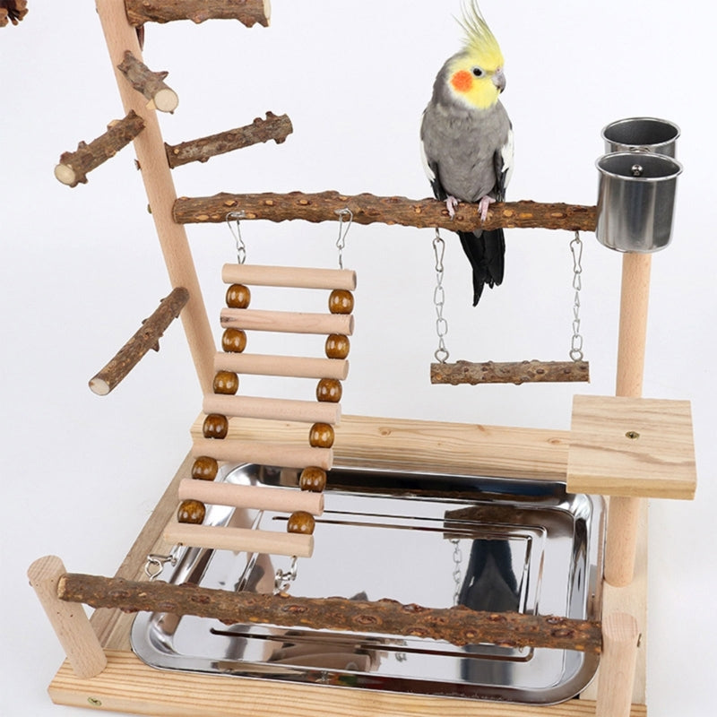 Pet Parrot Play stand Parrots Bird Playground Bird Plays Stand Wooden Perch Playground Ladder with Steel Feeder Plate