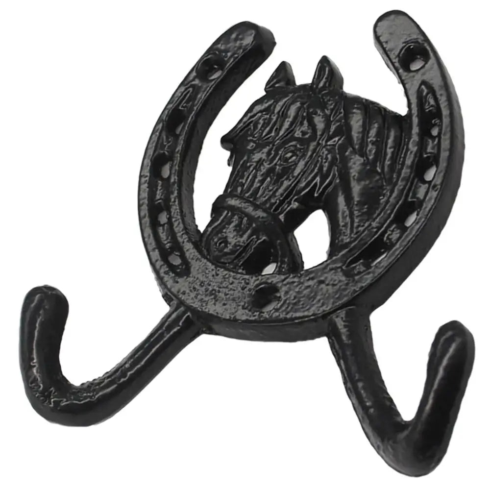 Black Cast Iron Horseshoe Double Hook Wall Mounted Bathroom Coat Hat Key Hanger Wall Storage Hooks For Household Use Multi