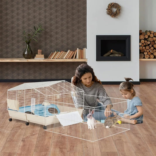67" L Rolling Rabbit Cage with Foldable Playpen, Small Animal Cage, Guinea Pig Cages with Ramp/Water Bottle/Hay Feeder Chinchilla