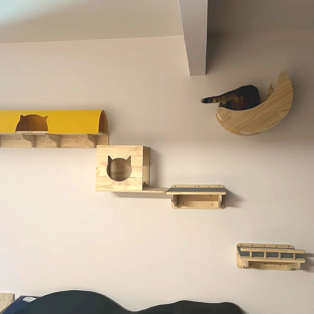Wall-Mounted Cat Hammock Cradle Cat Climbing Frame Floating Shelf Solid Wood Cats Scratch Posts for Sleeping and Playing Toy