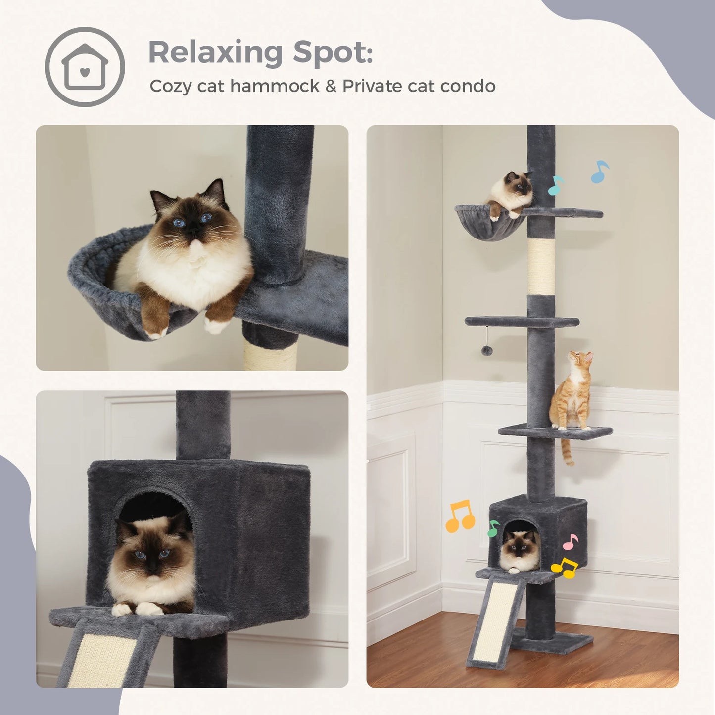 Adjustable Height 210-274CM Cat Tree Floor to Ceiling Tall Cat Climbing Tower with Cozy Condo Hammock Scratching Post Platforms