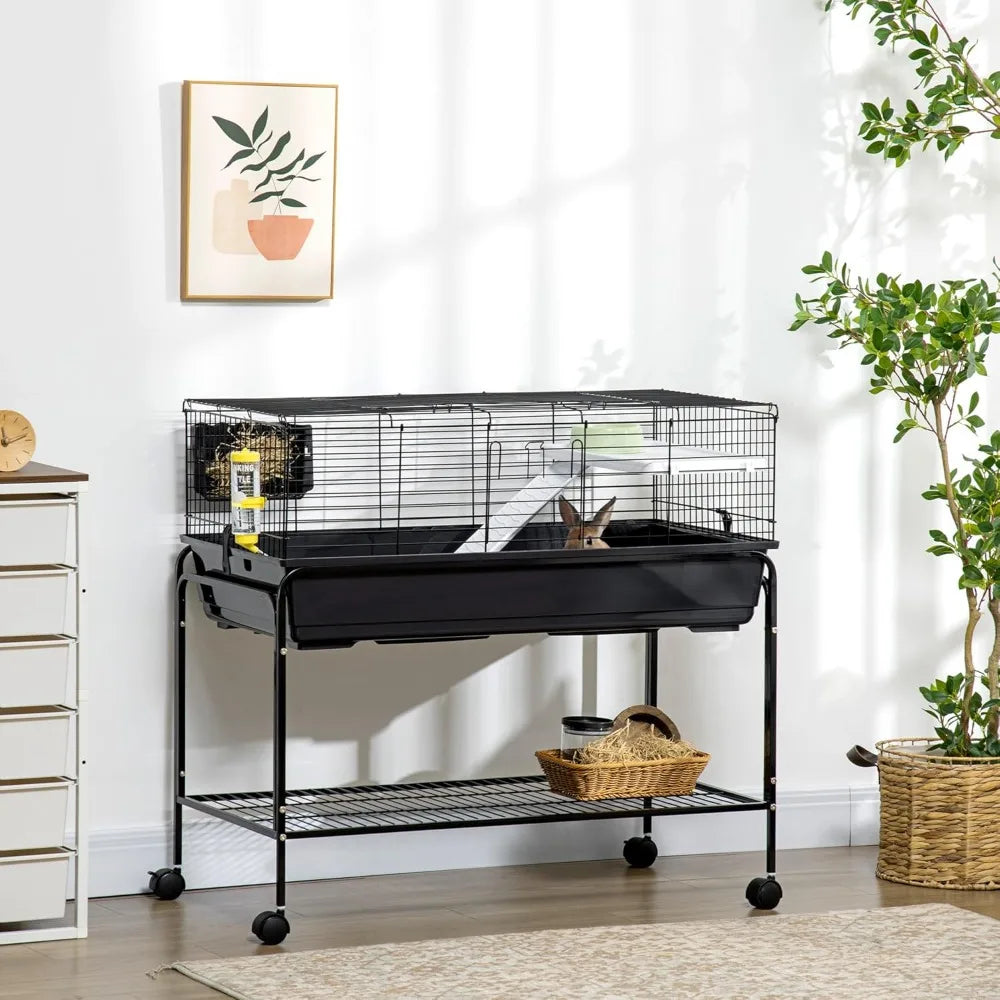 Two-Story Small Animal Cage Removable from Stand, Guinea Pig Cage, Hedgehog Cage, Chinchilla Cage, Ferret, with Shelf & Wheels