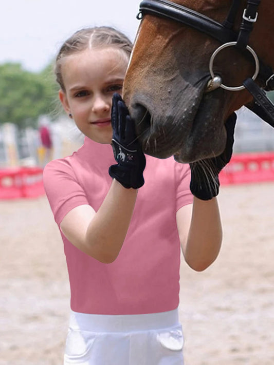 MXLLINA Girls Equestrian Short Sleeves Tops Woman's Summer Zipper Horse Riding T-Shirts Sports Base Layer Competition Show Top