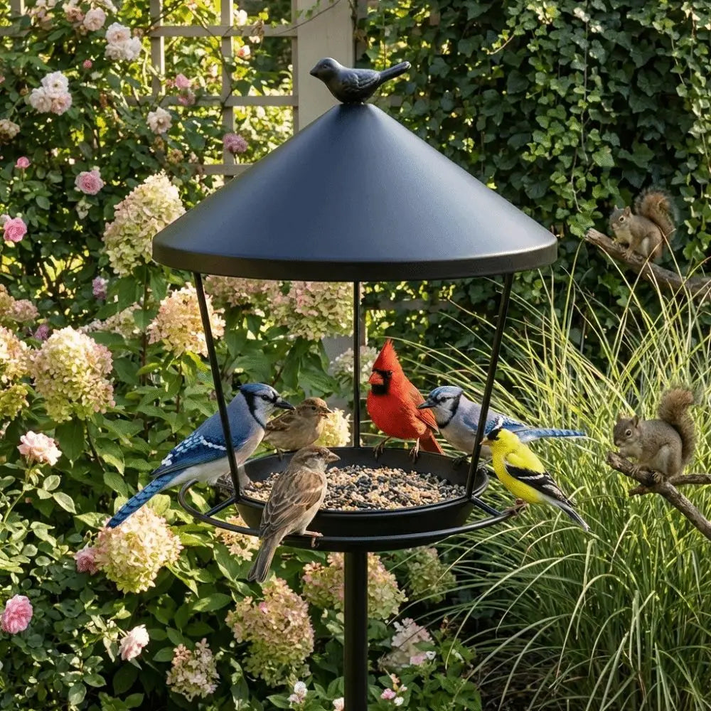 Weatherproof Standing Bird Feeder Spill Guard Large Capacity Wild Bird Feeding Station Anti-Waste Iron Birdbath Stand Courtyard