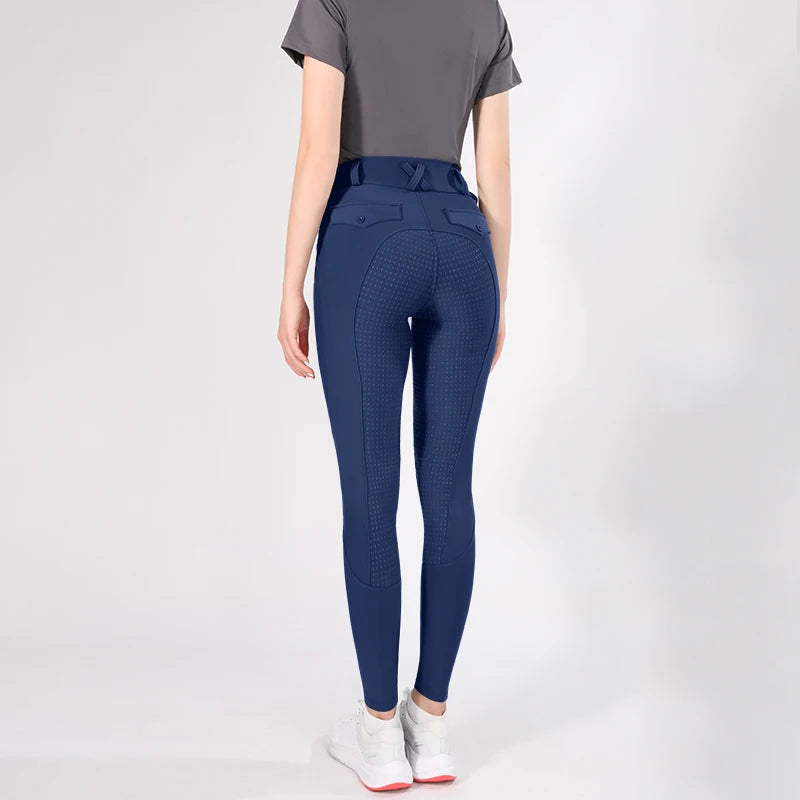 MXLLINA Button Zipper Horse Riding Pants Women Equestrian Leggings Breeches Competition Full Silicone Sports Tights