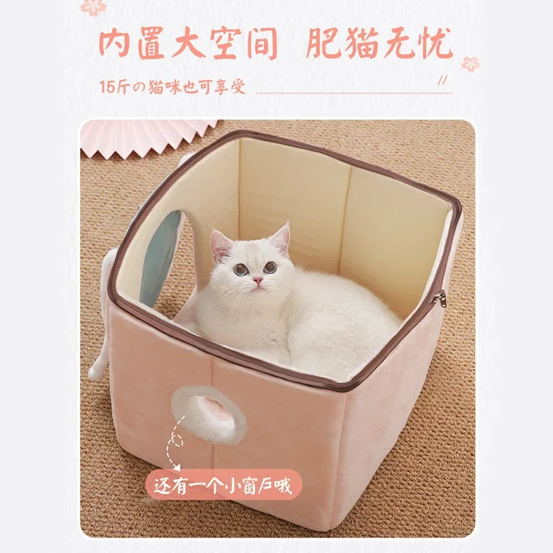 Cat's Nest Warm In Winter All Seasons Universal Cat House Removable and Washable Cat Beds Pet Supplies Closed Cat House Villa