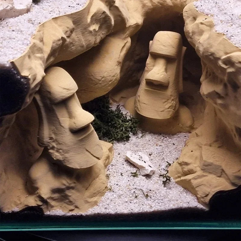 Simulated Rock Cave with Undulating Substrate Sand Terrain, Easter Island Heads Themed Aquascape, Hiding House for Fish & Shrimp