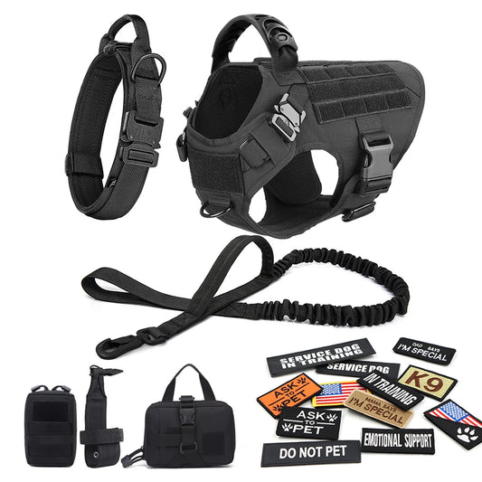 Military Large Dog Harness Collar Leash Bags Patches Set Malinois Training Vests Tactical Dogs Harnesses Accessories