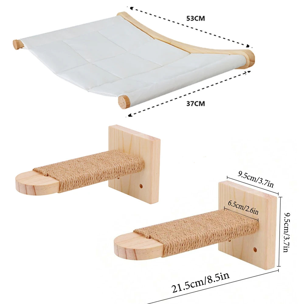 Wall-Mounted Cat Hammock Cradle Cat Climbing Frame Floating Shelf Solid Wood Cats Scratch Posts for Sleeping and Playing Toy