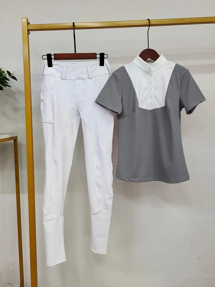 MXLLINA Women Equestrian Clothes Set Horse Riding Long Sleeve T-shirts And Pants Sports Suit Competition Training Riding Wear