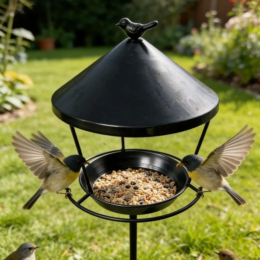 Weatherproof Standing Bird Feeder Spill Guard Large Capacity Wild Bird Feeding Station Anti-Waste Iron Birdbath Stand Courtyard