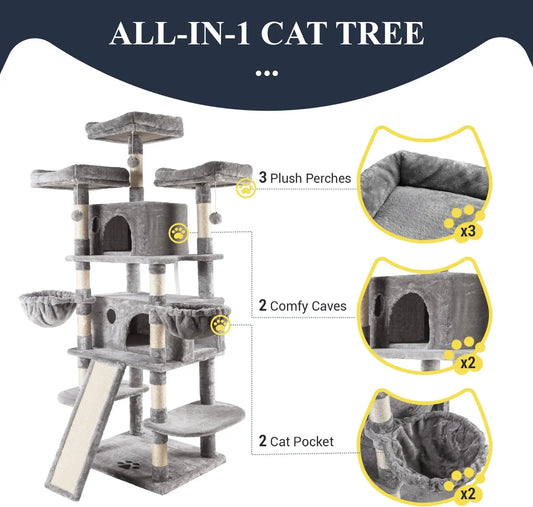 68-Inch Multi-Level Cat Tree House with Condo, Scratching Posts, and Towers for Large Cats - Light Grey