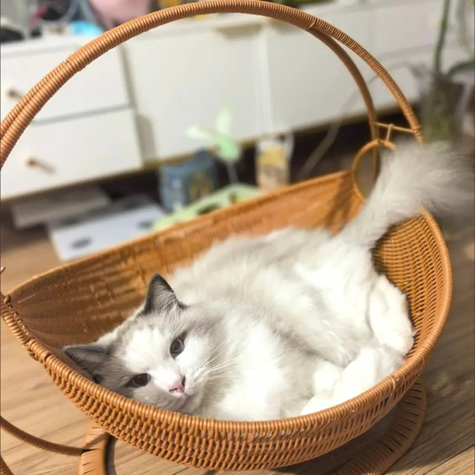 Faux-Woven Cat Bed Nest Cat Basket Cats Swing Hammock Waterproof Indoor Pet House Semi-Enclosed Cave Bed Pet Accessories