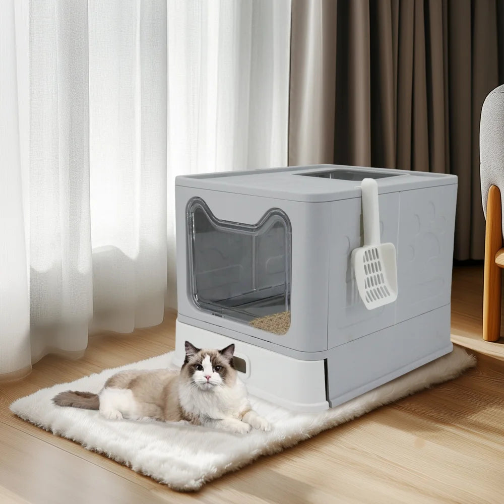 4-Style Cat Litter Box with Lid Large Kitty Litter Box Enclosed with High Sided Enclosure Scoop Non-Sticky