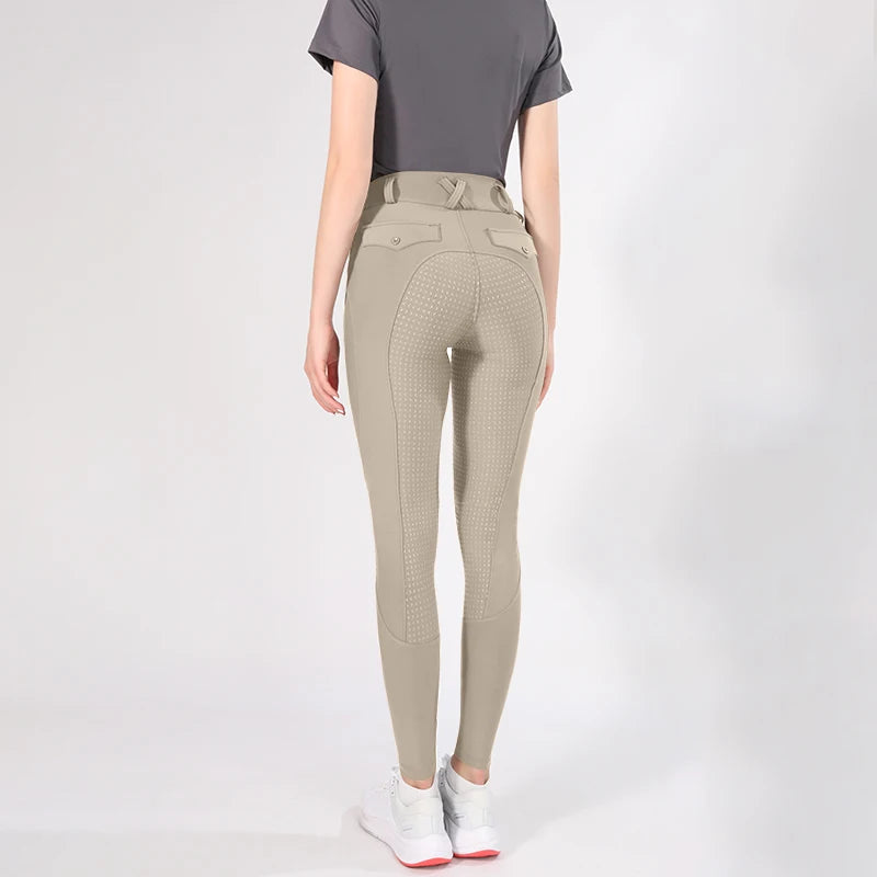MXLLINA Button Zipper Horse Riding Pants Women Equestrian Leggings Breeches Competition Full Silicone Sports Tights