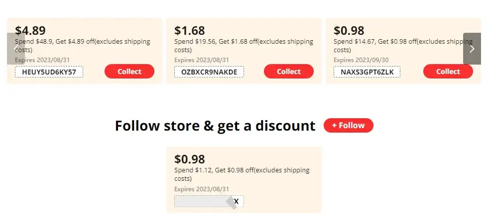 Discount offers displayed for various products with prices and conditions for free shipping.