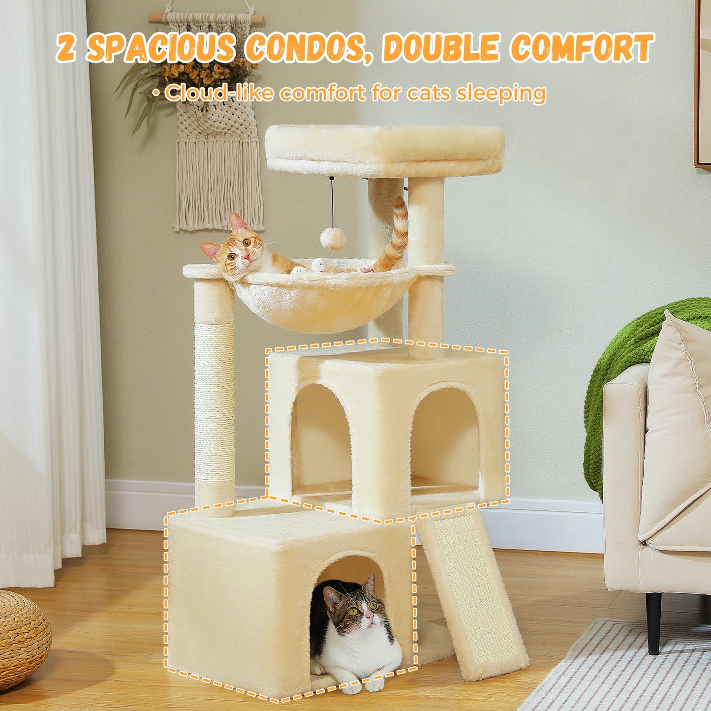 Large Cat Tree Indoor Cats, Multi-Level Cat Tower with Sisal Scratching Post, 2 Spacious Condos, Cat Toys