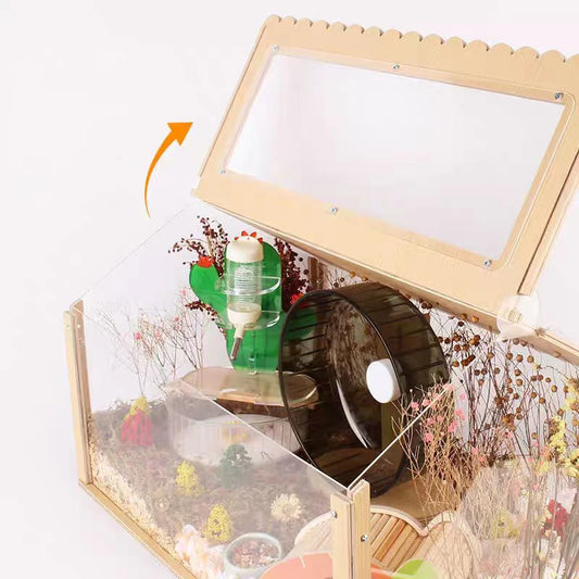 Wooden and Acrylic Hamster Cage Transparent Ornamental Pet Breeding Crate DIY Aquascape Pet Crate