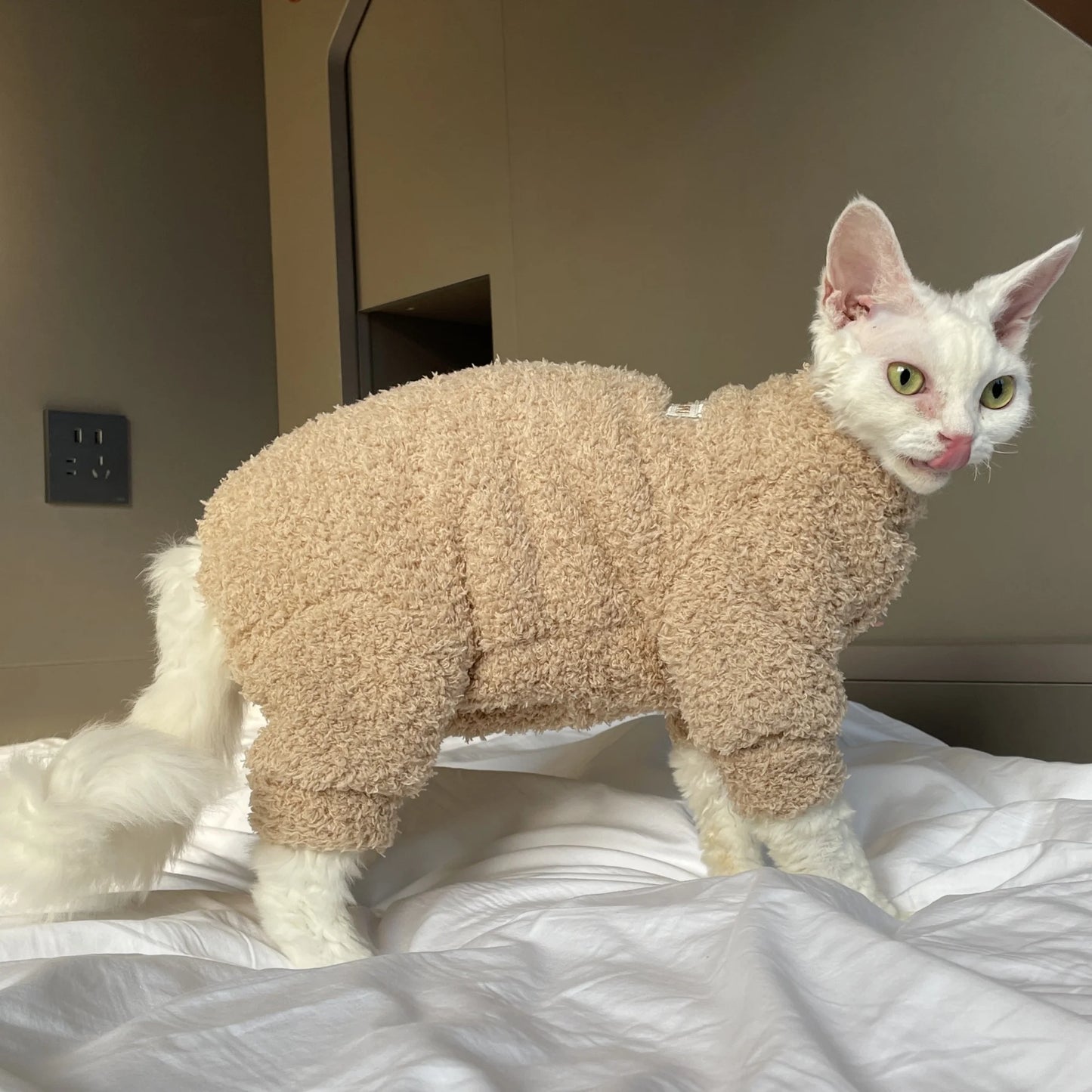 Winter Warm Plush 4-legged Sweatshirt Hat Suit for Devon Rex in Winter Soft Yellow Red Sweater for Sphynx Cat Kittens Khaki Coat