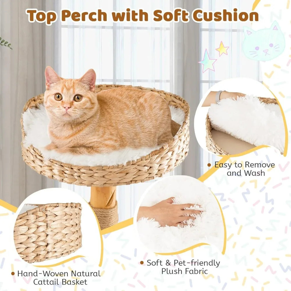 Cat Tree for Indoor Cats, Solid Wood Modern Cats Tower with Top Cattail Basket Cats Bed, Side Perch, Large Platform