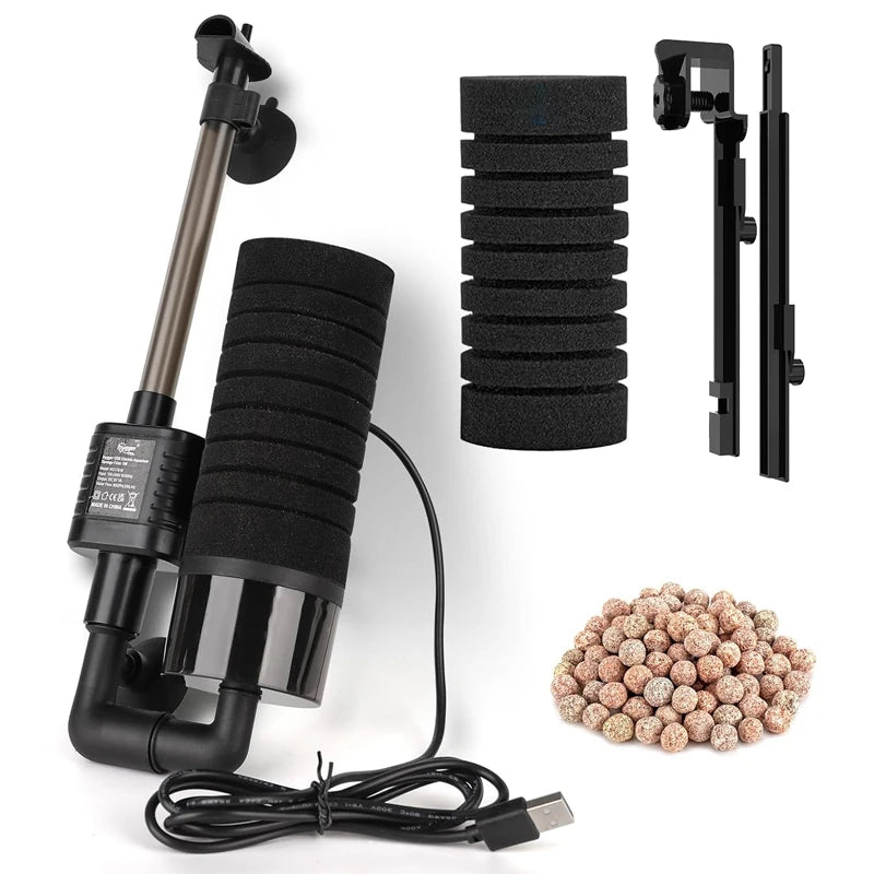 USB Small Aquarium Filter, Single Sponge Filter, with Suction Cup or Adjustable Hanging Clip, Dual Purpose Fish Bowl Tank Filter