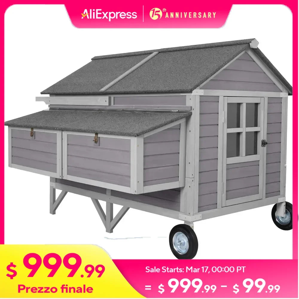 Portable Wooden Chicken Coop with Nesting Box with Sturdy Iron Frame, Durable and Waterproof, Large Upgraded Poultry Cage.