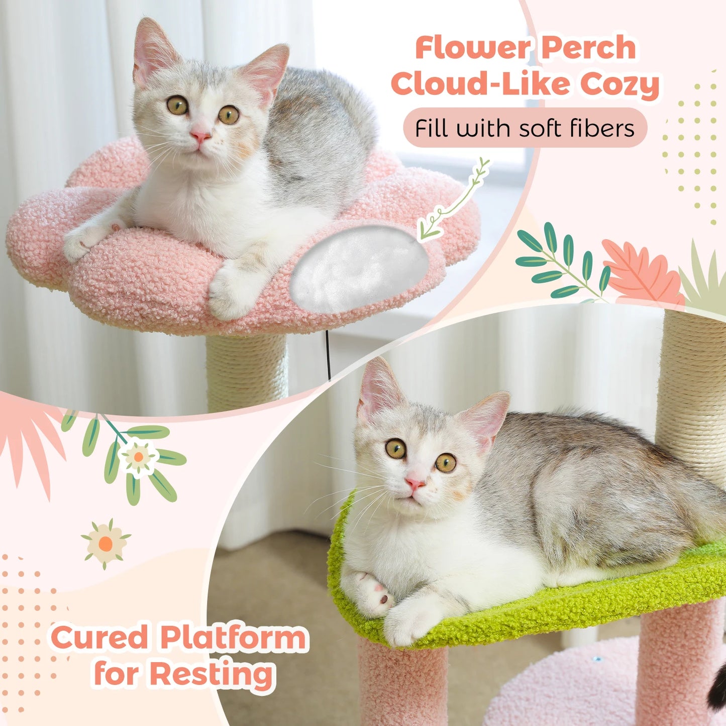 Flower Cat Tree with Natural Sisal Scratching Post, Cozy Cat Condo, Top Perch, Small Cat Tower for Small Indoor Cats