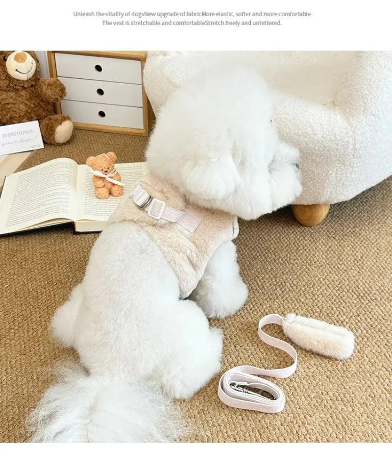 Fashion Pet Rabbit Fur Plush Pet Traction Set Warm Thick Pet Dog Cat Walking Dog Outdoor Teddy Plush Traction Rope Chest Harness