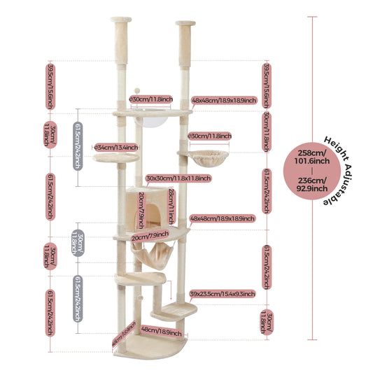 Floor to Ceiling Cat Tree Adjustable Cat Tower Tall Kitty Climbing Play House Tall Kitty Climbing Play House with Scratching Posts Cozy Condo Perches Hammock