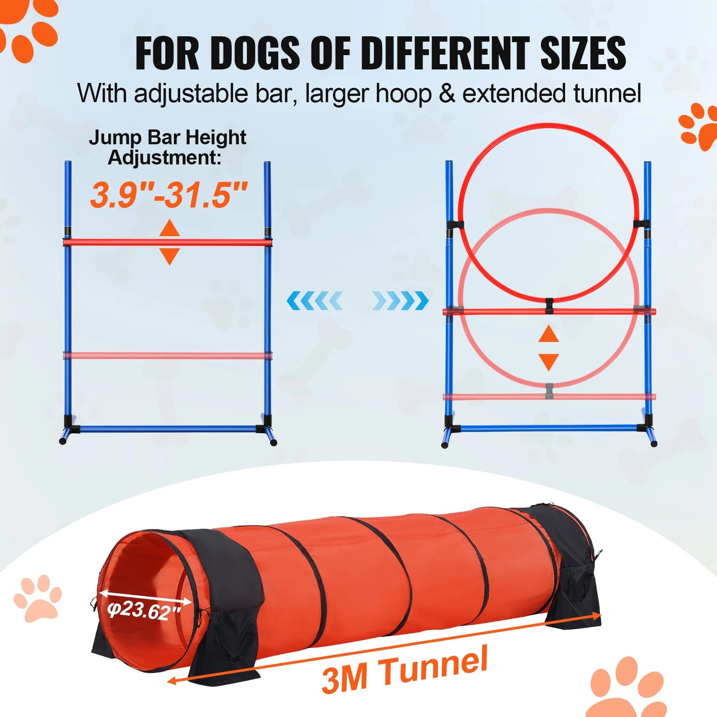 VEVOR Dog Agility Training Equipment 5 PCS Set Upgrade with Adjustable Hurdles Extended Tunnel Puppy Obstacle Course Kit with Bag