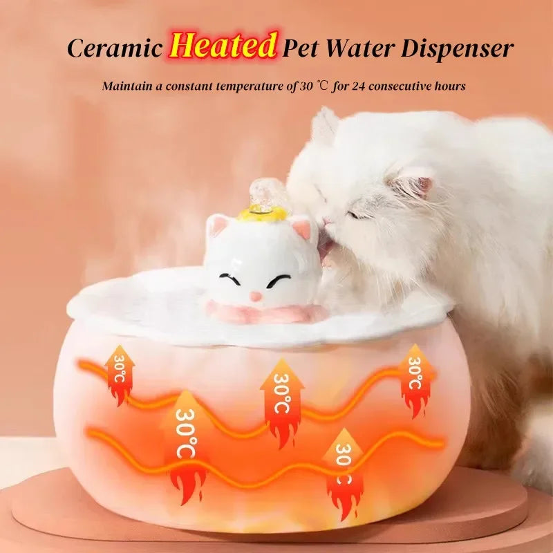 Drinker For Cat Pet Fountain Ceramic Winter Warm, Smart Auto Pet Water Dispenser 30℃ Heated, Cat Drinking Bowls Kitten Water Bowls