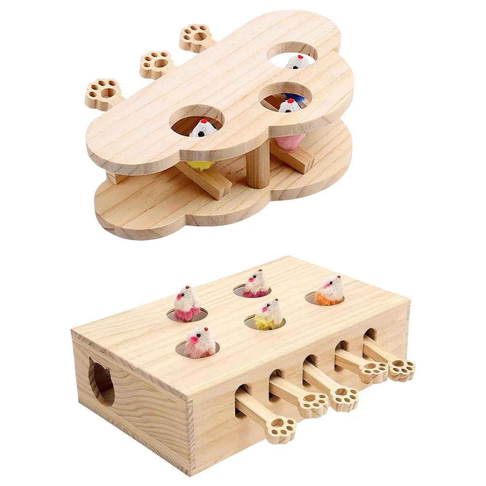 Cats 3/5-Holed Whack A Mole Game Cat Pop Up Funny Wooden Hunting Toy Box Interactive for Indoor Cats