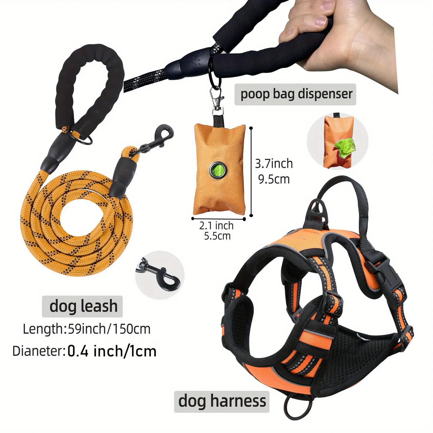 3pcs Escape-Proof Dog Harness Set with Leash and Poop Bag Dispenser for Medium and Large Dogs Walking, Adjustable
